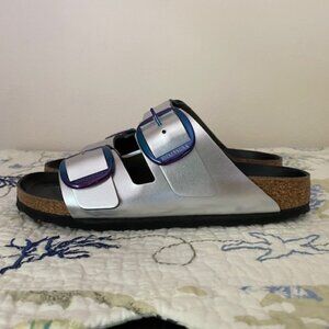 Birkenstock Silver Sandals with Blue Accents